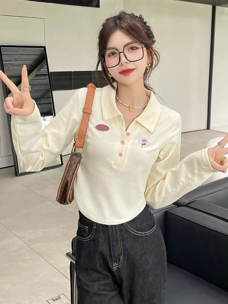 polo領純欲風長袖T恤女秋季2023新款辣妹打底衫修身微胖短款上衣