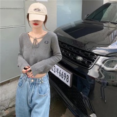 Japanese v-neck chic design bombing street sweater women's loose pure lust style short sweater long-sleeved loose top