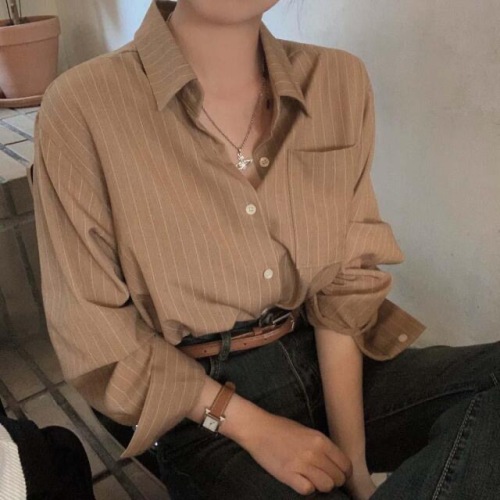 韩国百搭条纹长袖衬衫