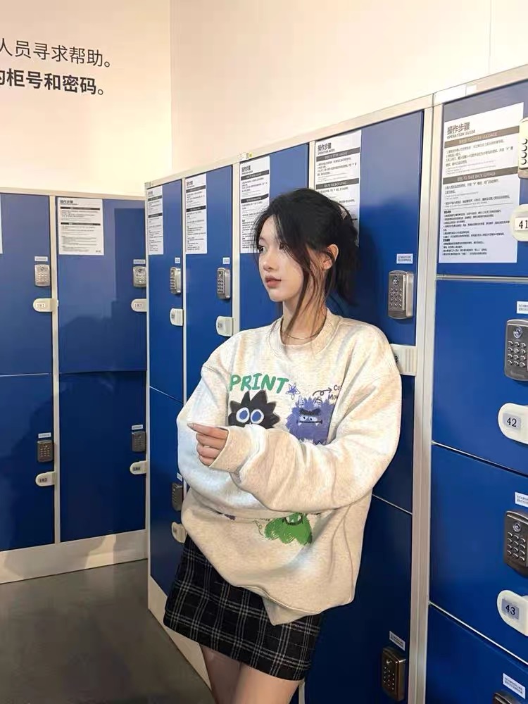 oversize慵懶風灰色衛衣女春秋圓領古着vintage小眾2023新款