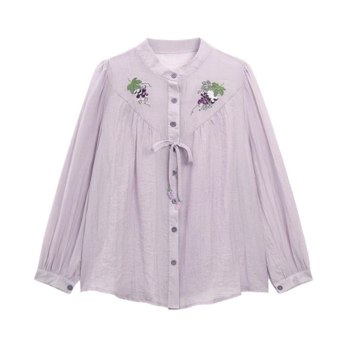 Purple puff sleeve chiffon shirt for women autumn  new embroidered lace design niche three-quarter sleeve top