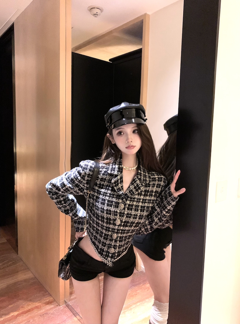 實拍 韓版修身顯瘦小香風設計感短款長袖格子開衫毛呢外套