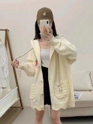 Early Autumn Thin  Knitted Cardigan Sweater Lazy Style Loose Twist Drawstring Jacket Sweet and Cute Style Jacket