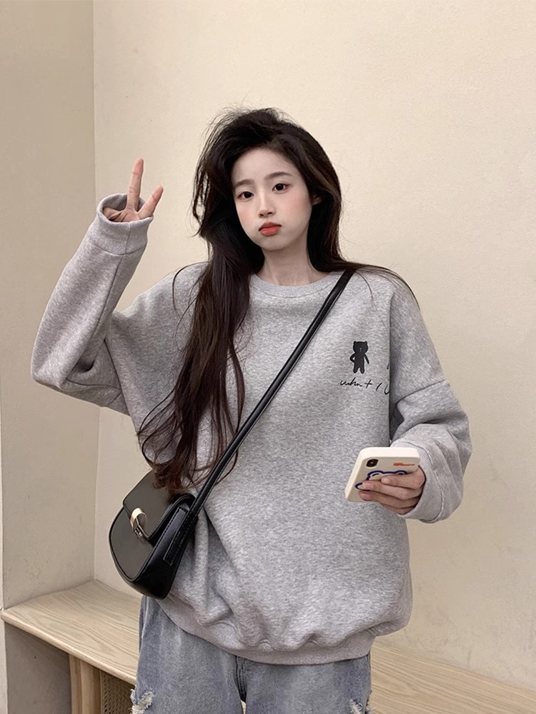 CVC cotton pasta wool Chinese cotton composite/milk silk 300g silver fox velvet 400g front printed round neck sweatshirt for women