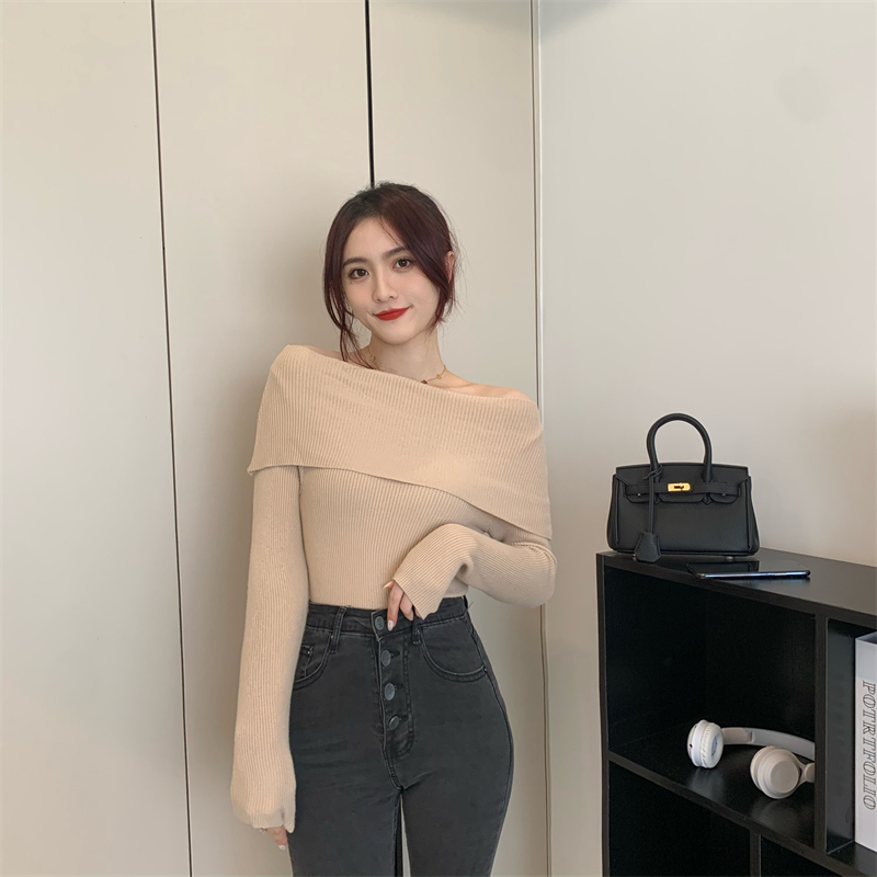 實拍 秋季新款性感一字肩設計感百搭純色針織上衣女