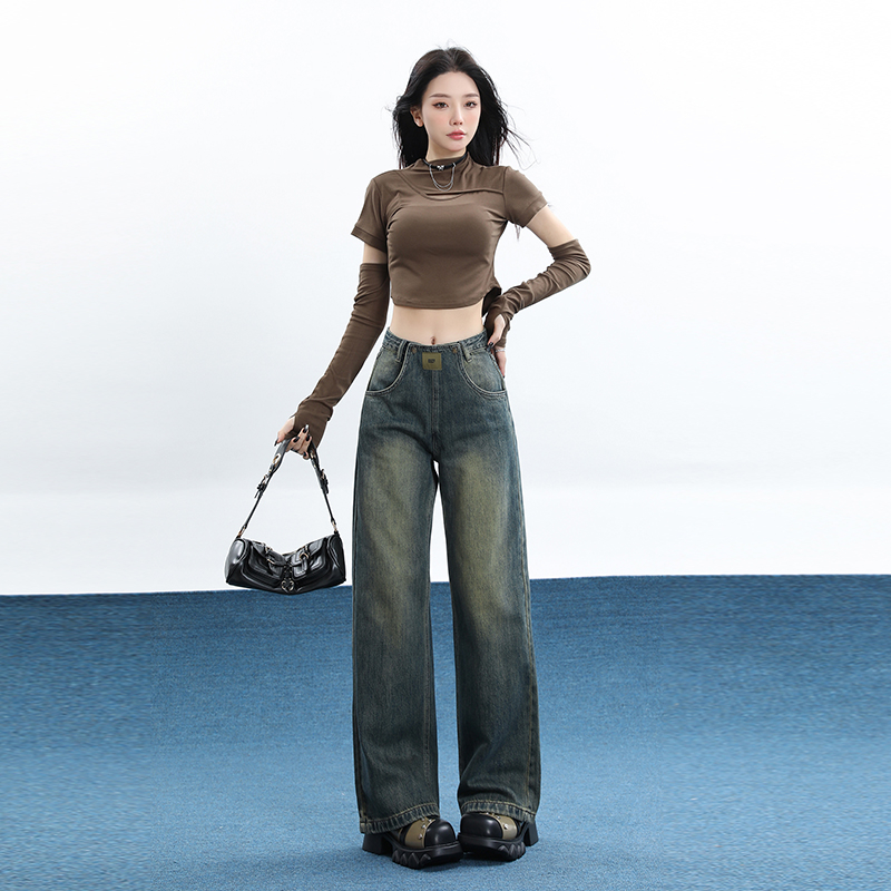 實拍2023秋季時尚復古闊腿高腰牛仔褲女拖地寬鬆直筒褲子