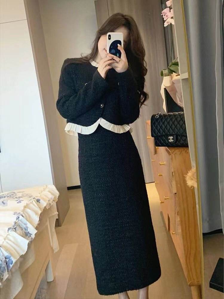 Korean retro fashion temperament, slim, niche, high-end, cold, fragrant black dress, Korean suit