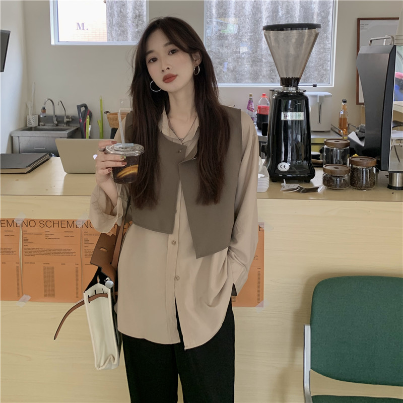 實拍~韓版chic設計感純色襯衣+可拆卸馬甲兩件套女