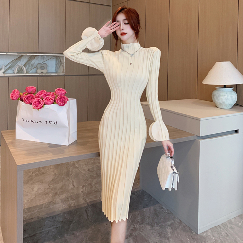 Mid-length over-the-knee knitted sweater dress for women in autumn and winter new style half turtleneck slim petal sleeves with long-sleeved bottoming skirt