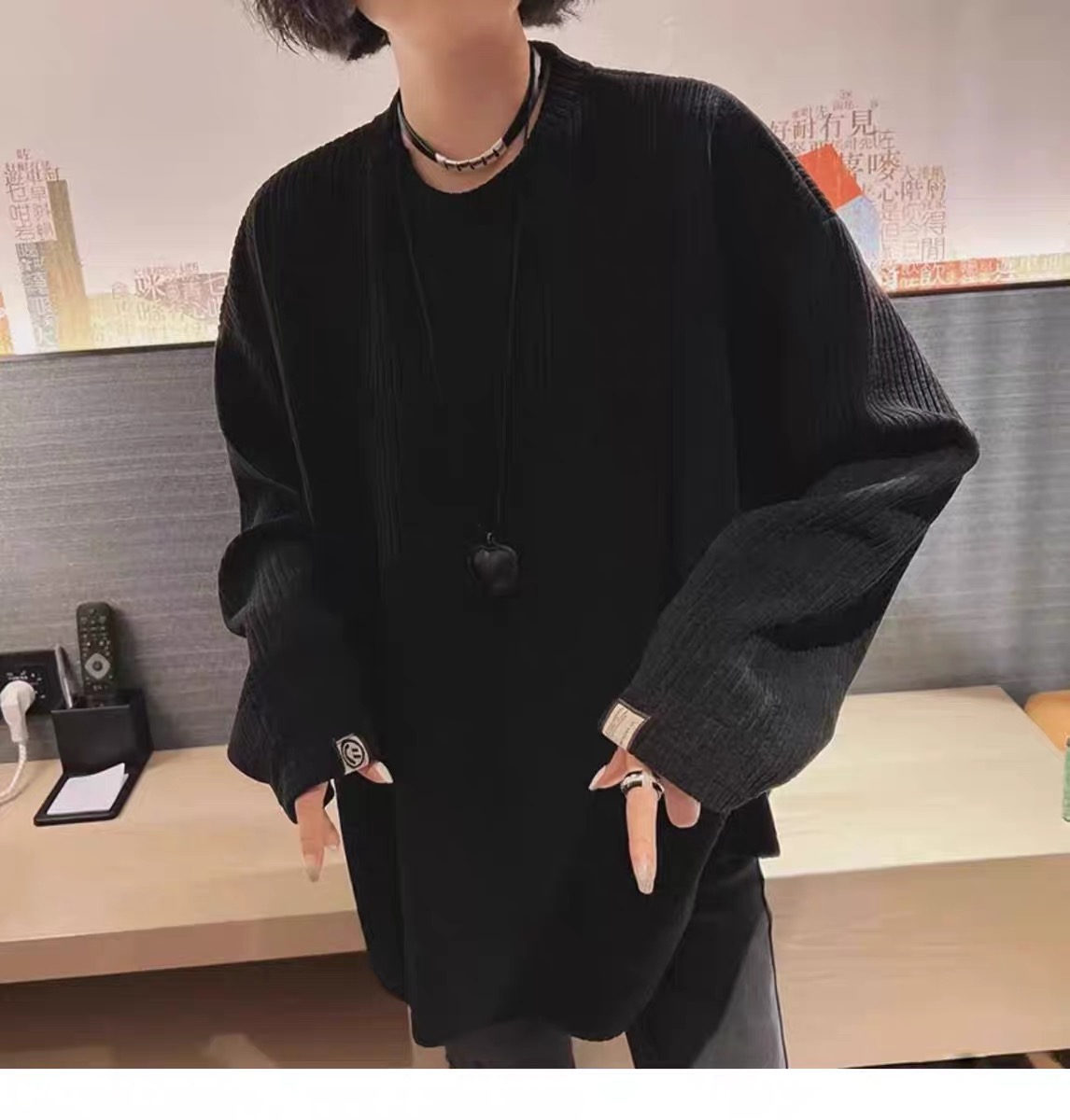 廓形衛衣女磨毛豎坑條大版寬鬆2023秋冬新款歐貨圓領長袖上衣