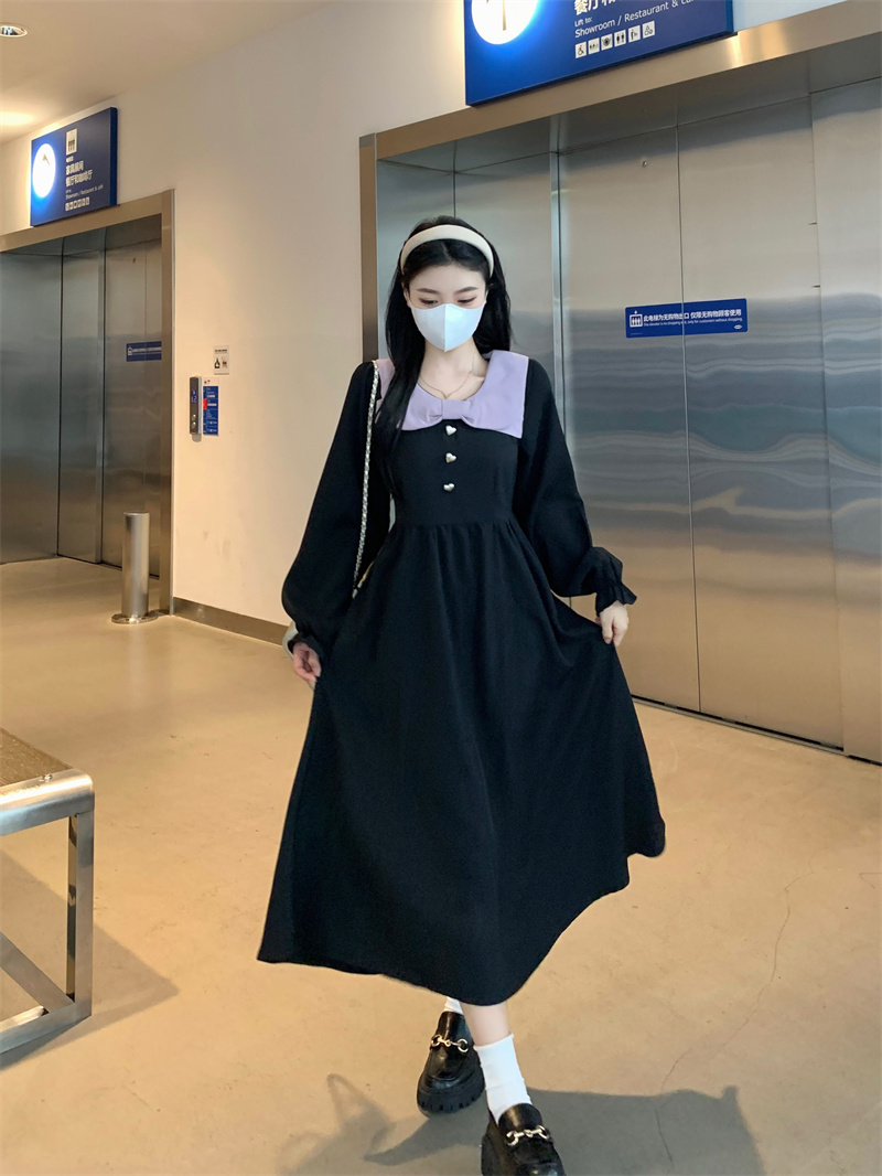 秋冬新款淑女復古撞色娃娃領收腰顯瘦潮連衣裙女御姐輕熟小黑裙