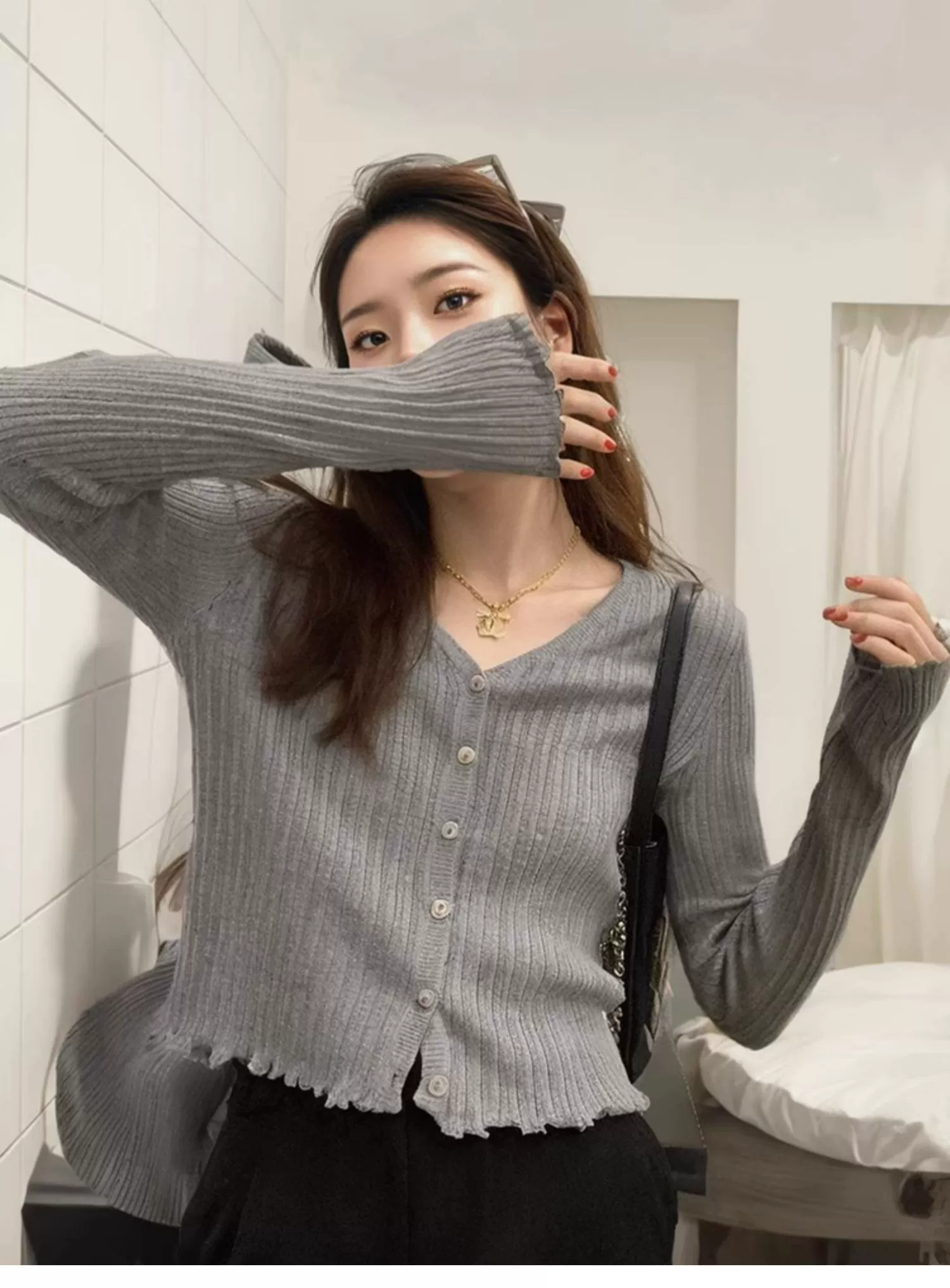 奶油雲朵！ V領木耳邊顯瘦針織開衫女秋疊穿內搭長袖短毛衣