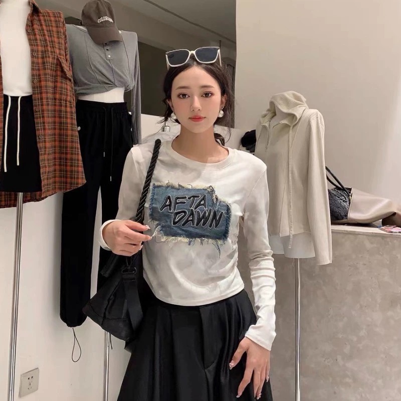 復古做舊牛仔貼布圓領短款上衣T恤女秋冬韓版彈力修身t潮
