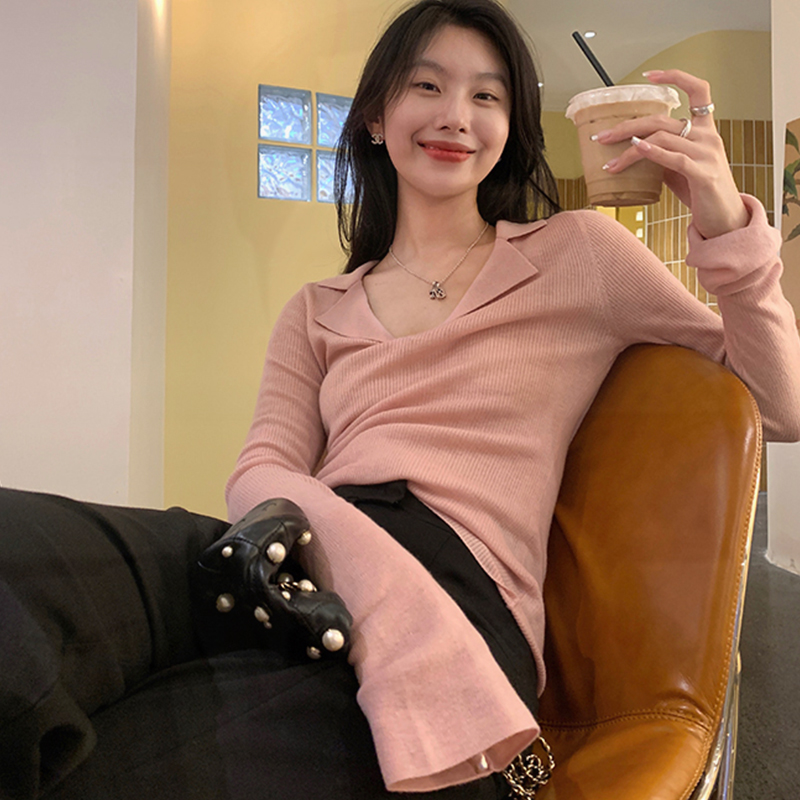 軟糯polo領毛衫修身顯瘦復古針織衫女早秋內搭打底獨特上衣長袖薄