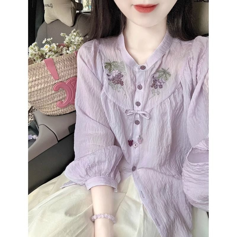 Purple puff sleeve chiffon shirt for women autumn 2023 new embroidered lace design niche three-quarter sleeve top