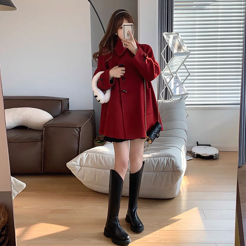 High-end red woolen coat for women 2023 autumn and winter new Korean style slim and small horn button woolen coat