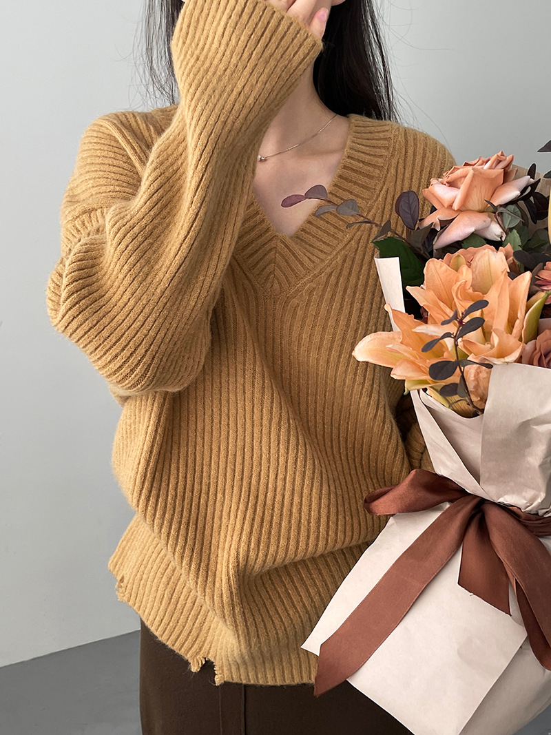 實拍~慵懶風大毛衣~韓系寬鬆V領加厚毛衣女溫柔軟糯針織衫