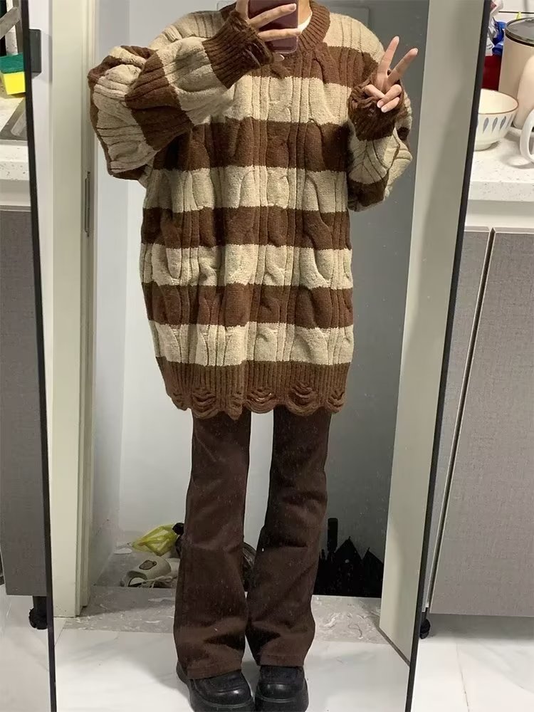 2023條紋毛衣女秋裝寬鬆慵懶風日系復古小眾設計感針織衫外套