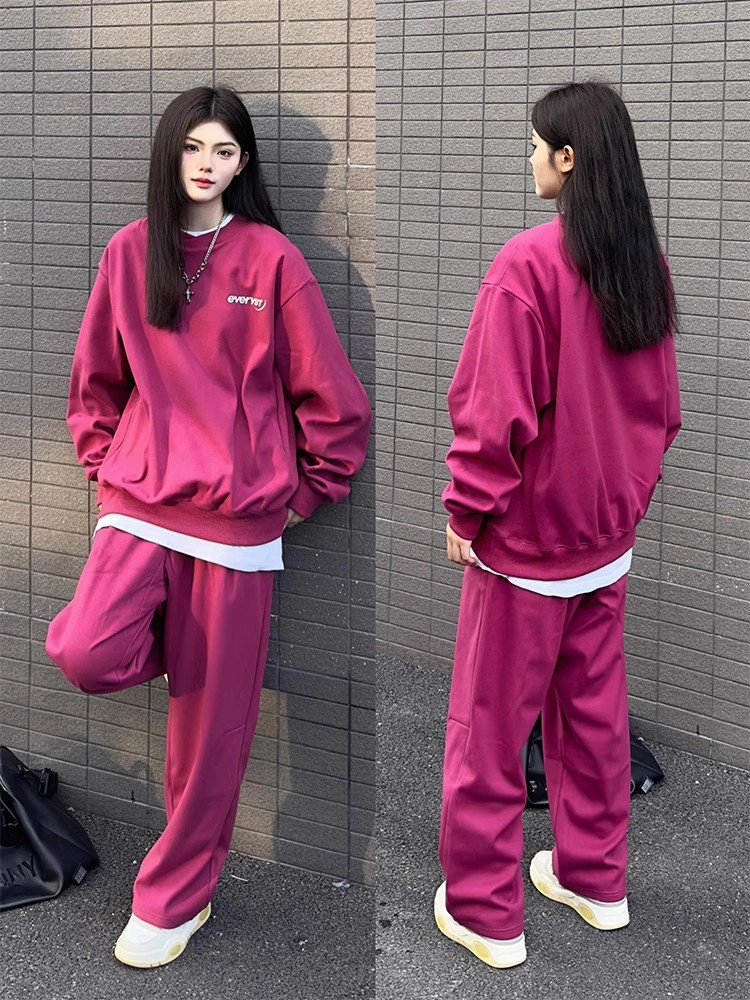 秋季新款玫紅色衛衣運動服套裝女高級感學生炸街休閒跑步兩件套潮
