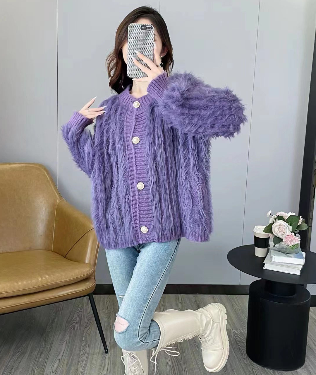 實拍  水貂絨毛衣外套女秋冬加厚新款韓版拼色寬鬆慵懶風開衫上衣