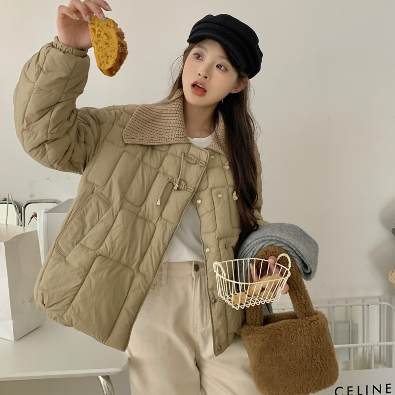 實拍針織翻領羽絨服棉服女短款小個子2023新款韓中式盤扣外套棉衣