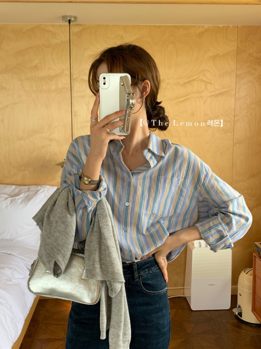 檸檬綠茶韓國東大門秋新款女豎條紋慵懶風系扣男友襯衫
