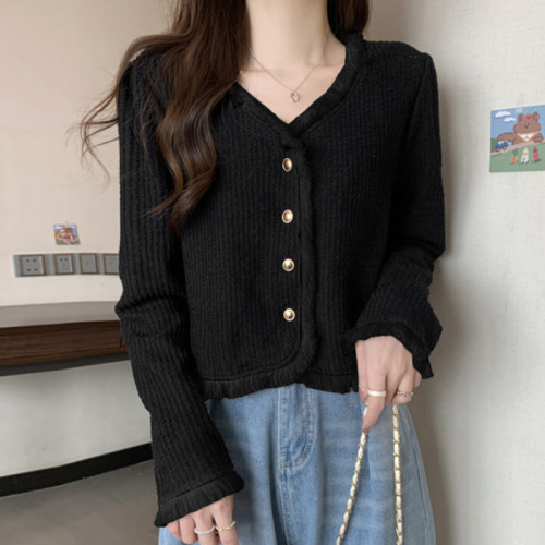 Quality inspector picture Xiaoxiang style temperament V-neck fringed edge long-sleeved top women's shirt autumn Korean style cardigan short jacket