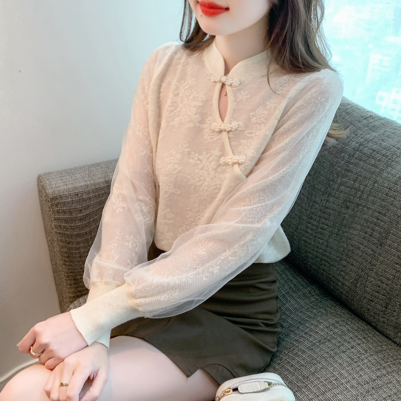實拍2023秋冬新款6羊毛拼接網紗歐根紗韓版復古甜美長袖針織衫