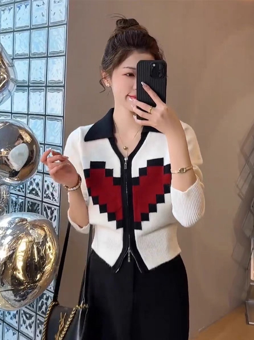 愛心提花雙拉鏈針織開衫女士2023秋冬洋氣減齡打底毛上衣外套
