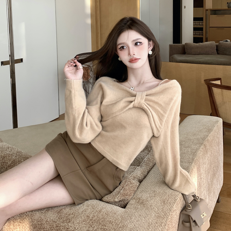 Actual shot of designer small off-shoulder sweater blouse, knitted tops for women, two-piece set