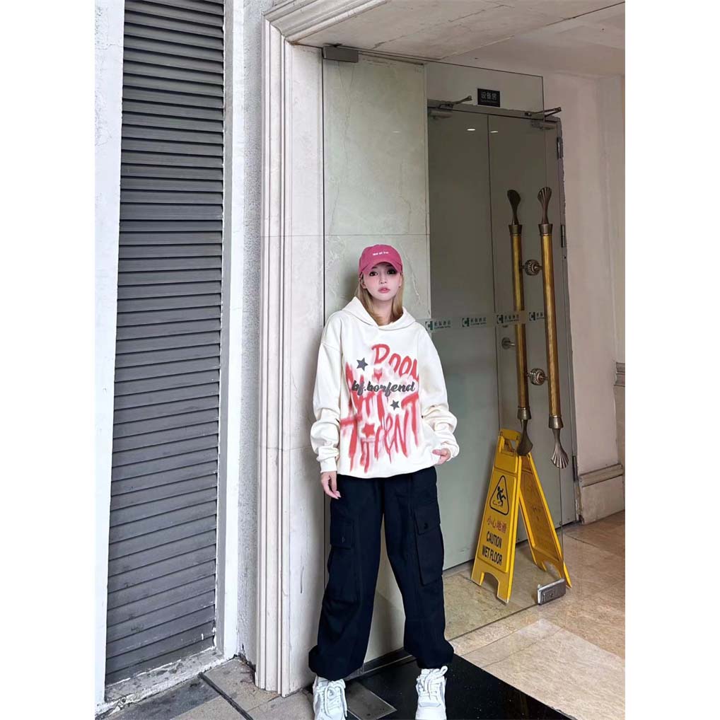 美式復古潮流街頭歐美藝術字母印花秋冬加絨連帽衛衣男女慵懶寬鬆