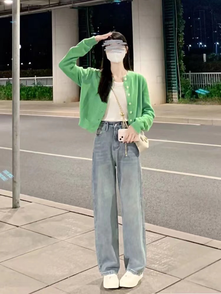 Korean style round neck short knitted cardigan 2023 autumn new solid color temperament versatile sweater jacket for women ins~