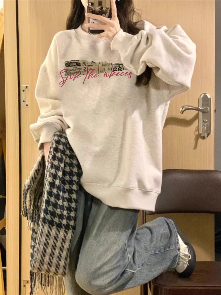 CVC棉麵食毛華棉複合/牛奶絲300克銀狐絨400克前 印花圓領衛衣女