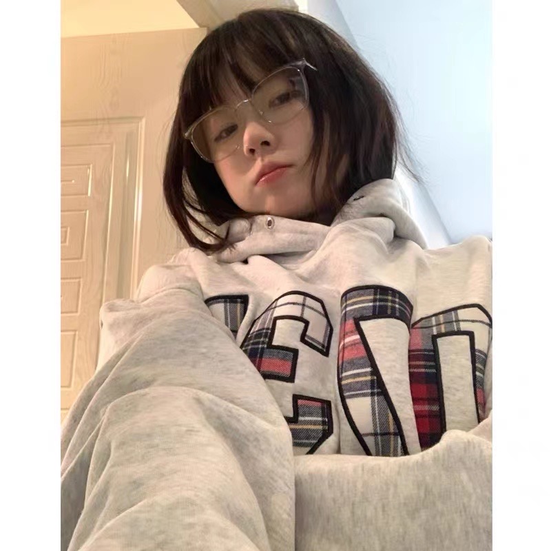 超好看美式復古連帽灰色衛衣女春秋冬2023新款oversize小個子外套