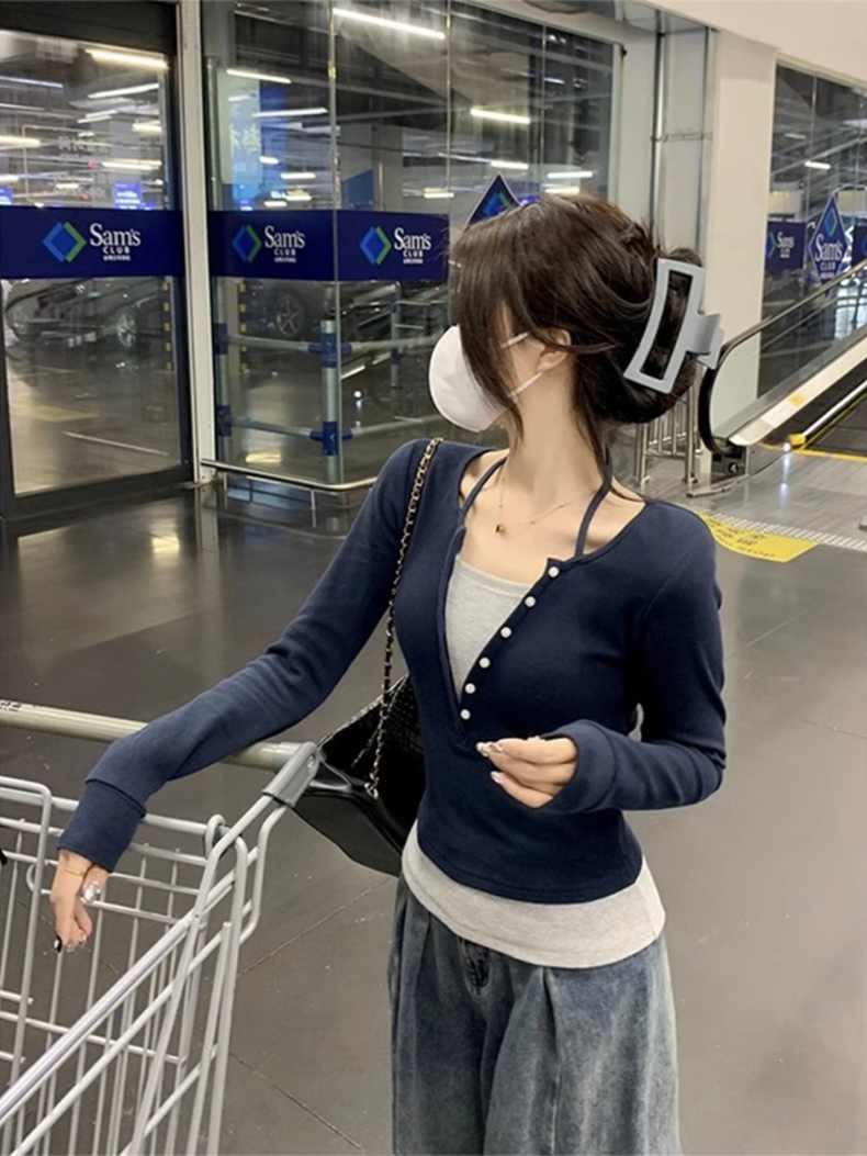 純欲風甜酷辣妹假兩件V領韓版顯瘦長袖t恤女春秋2023新款小眾上衣