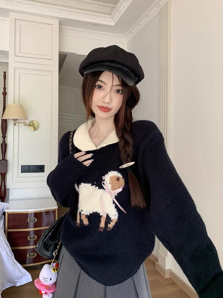 綿羊絨#娃娃領長袖毛衣女秋冬法式小眾設計感減齡撞色針織衫上衣