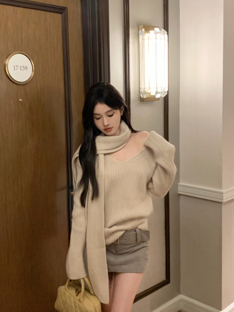 實拍 毛紗線秋冬V領寬鬆中長款溫柔慵懶風套頭圍脖毛衣女