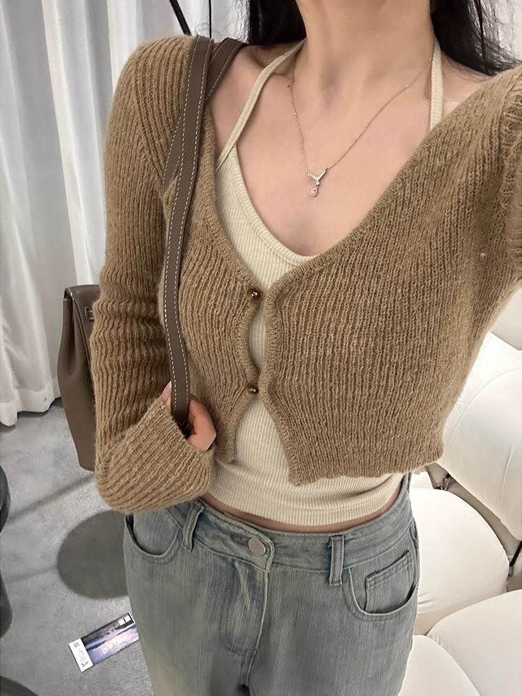王少女的店毛針織開衫外套掛脖吊帶小個子短款高腰上衣兩件春秋季