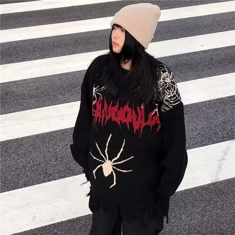 美式復古蜘蛛設計感破洞流蘇毛衣女秋季撞色條紋情侶裝長袖針織衫