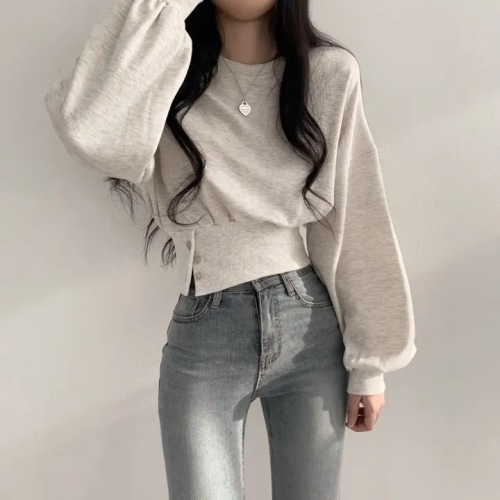 Korean chic autumn niche design round neck buttoned waist slimming long sleeve short pullover sweatshirt for women