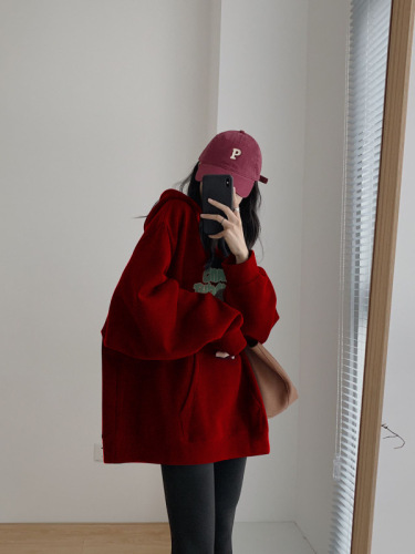 Velvet hooded sweatshirt women's  autumn and winter new style burgundy hiphop loose lazy style top