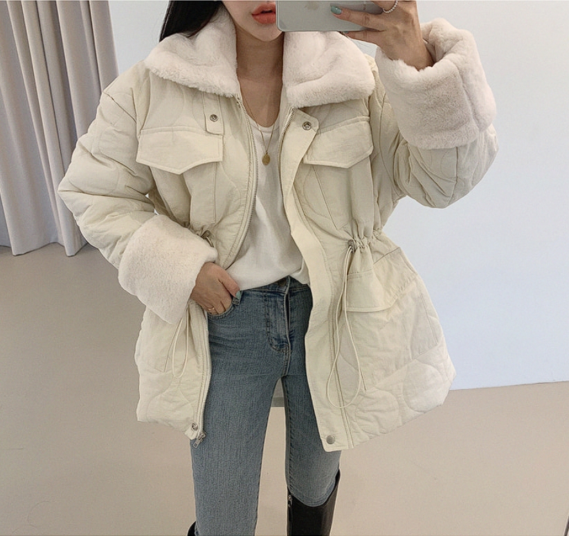 South Korea's 2023 new winter style workwear pocket full body imitation mink fur warm rhombus plaid cotton jacket for women