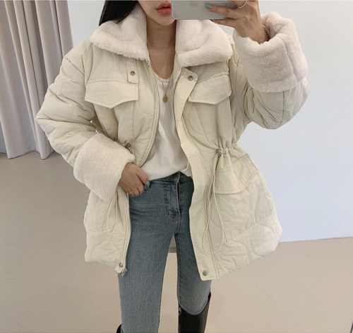 South Korea's  new winter style workwear pocket full body imitation mink fur warm rhombus plaid cotton jacket for women