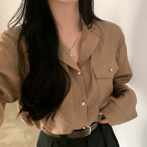 韩国ins秋日气质 西装领 双口袋 单排扣长袖衬衫