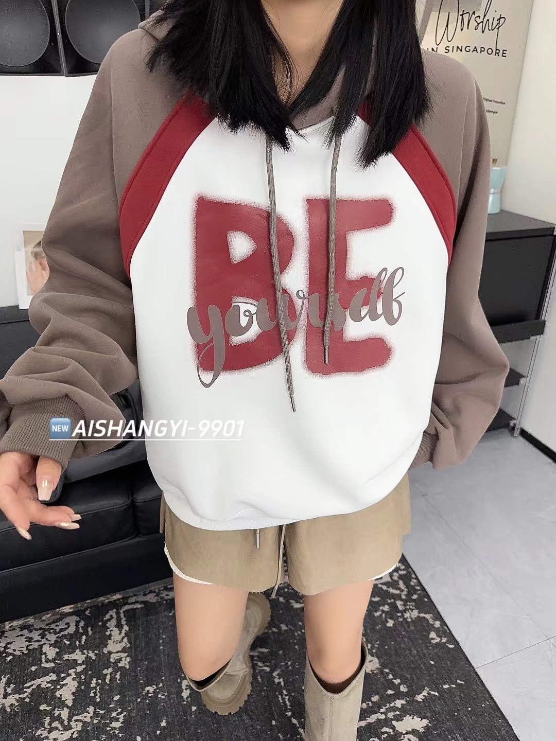 2023秋冬純棉慵懶風插肩拼色美式連帽加絨衛衣女設計感寬鬆上衣潮