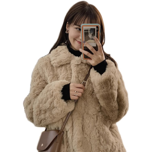 Lambskin petite mid-length fur coat for women without bulky sheared rabbit fur