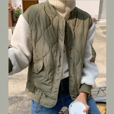 韓國加厚毛毛拼接夾克棉衣女軍綠短款工裝棒球服棉服菱形格棉襖