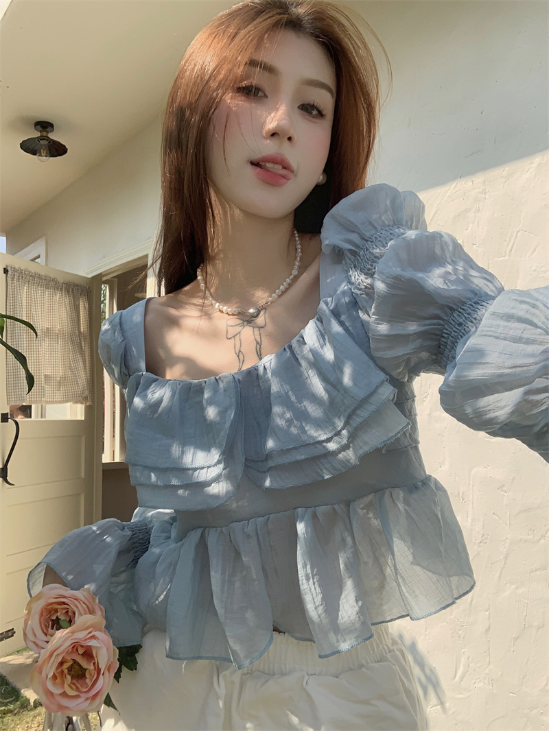 甜美泡泡袖方領上衣女秋季2023新款設計感小眾荷葉邊洋氣長袖襯衫