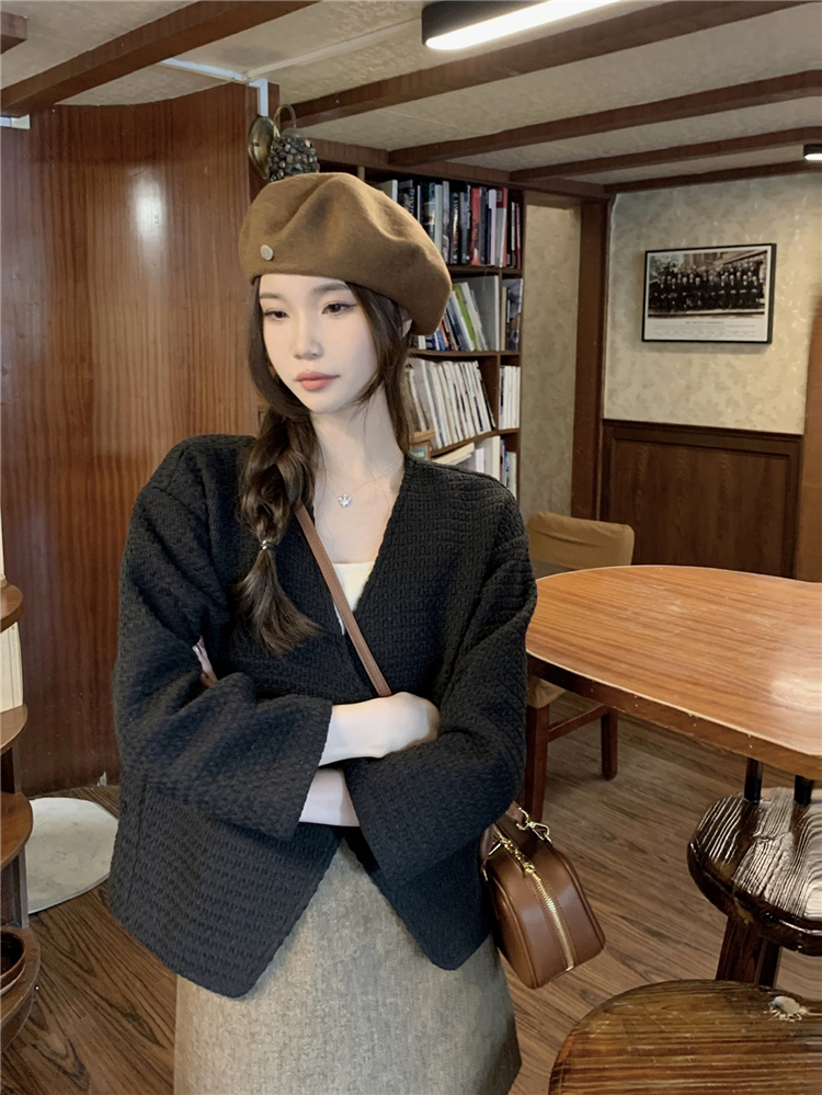 實拍！韓系chic復古V領百搭外套簡約氣質寬鬆小個子長袖上衣