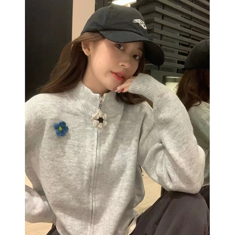 設計感灰色拉鏈高領毛衣外套女春秋小個子寬鬆短款針織開衫上衣潮